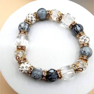 Vintage B&W Beaded Acrylic Beads w Rhinestone Embedded Disco Ball Bead Bracelet